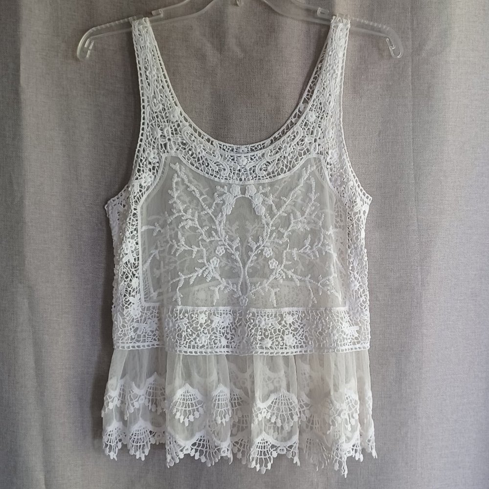 Express sheer white lace embroidered mesh lace tank top with peplum